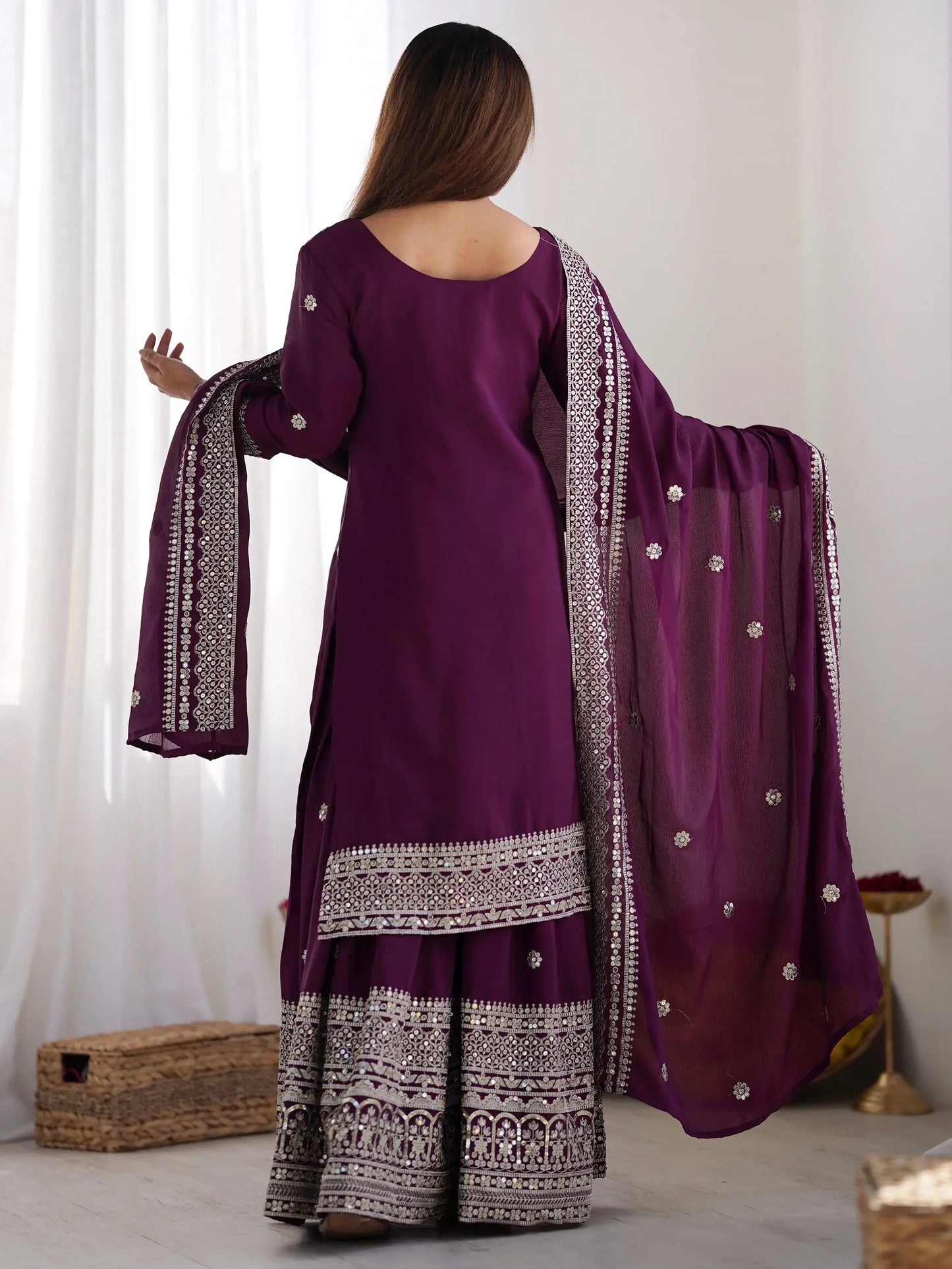 Sequins Chinon Sharara Suit With Dupatta