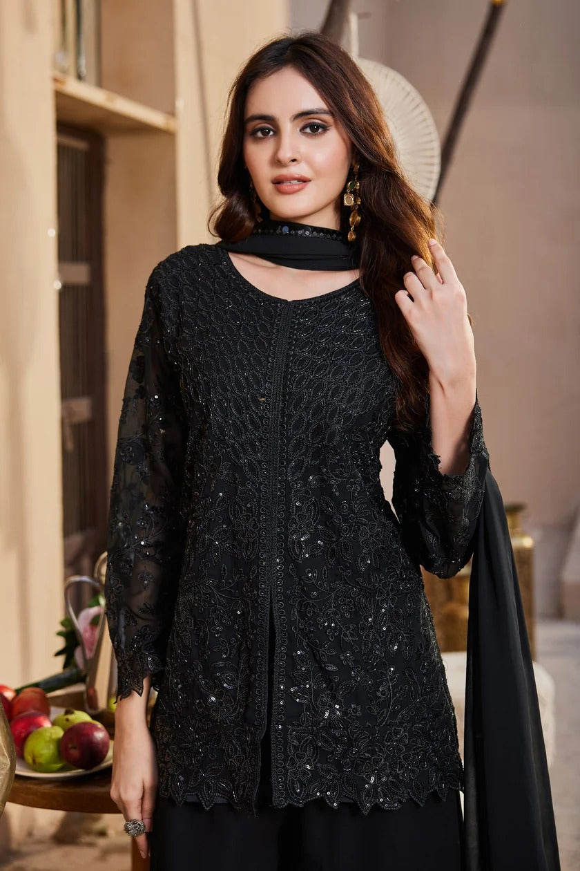 Black Embroidered Kurta Sharara with Dupatta Set
