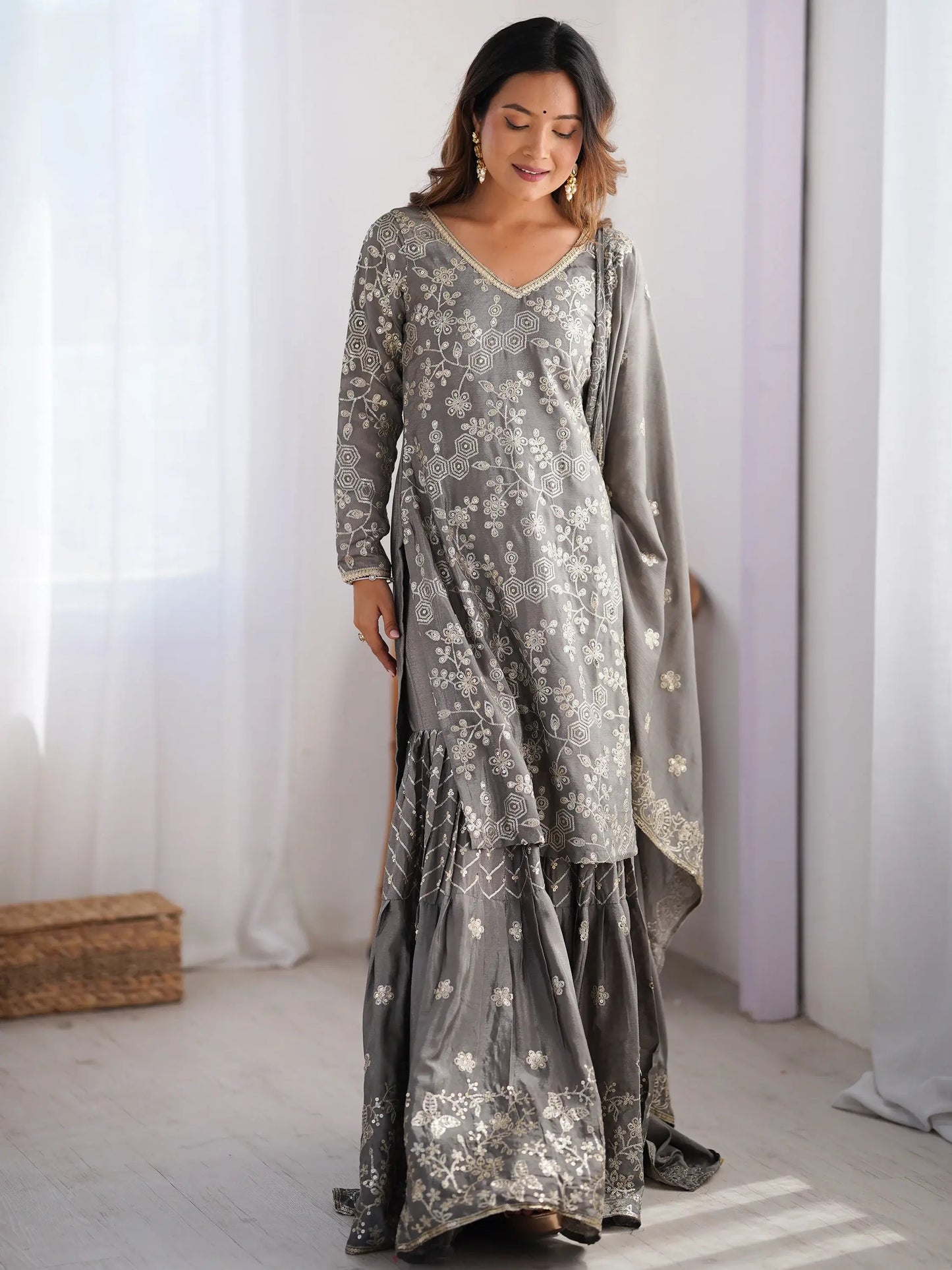 Grey Sequins Chinon Sharara Suit With Dupatta