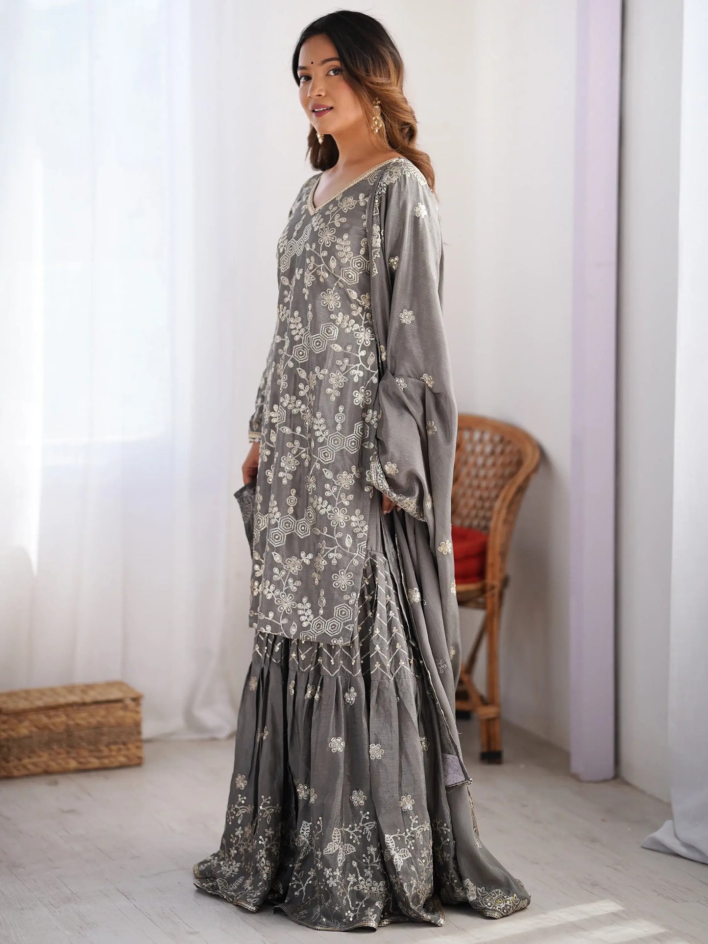 Grey Sequins Chinon Sharara Suit With Dupatta