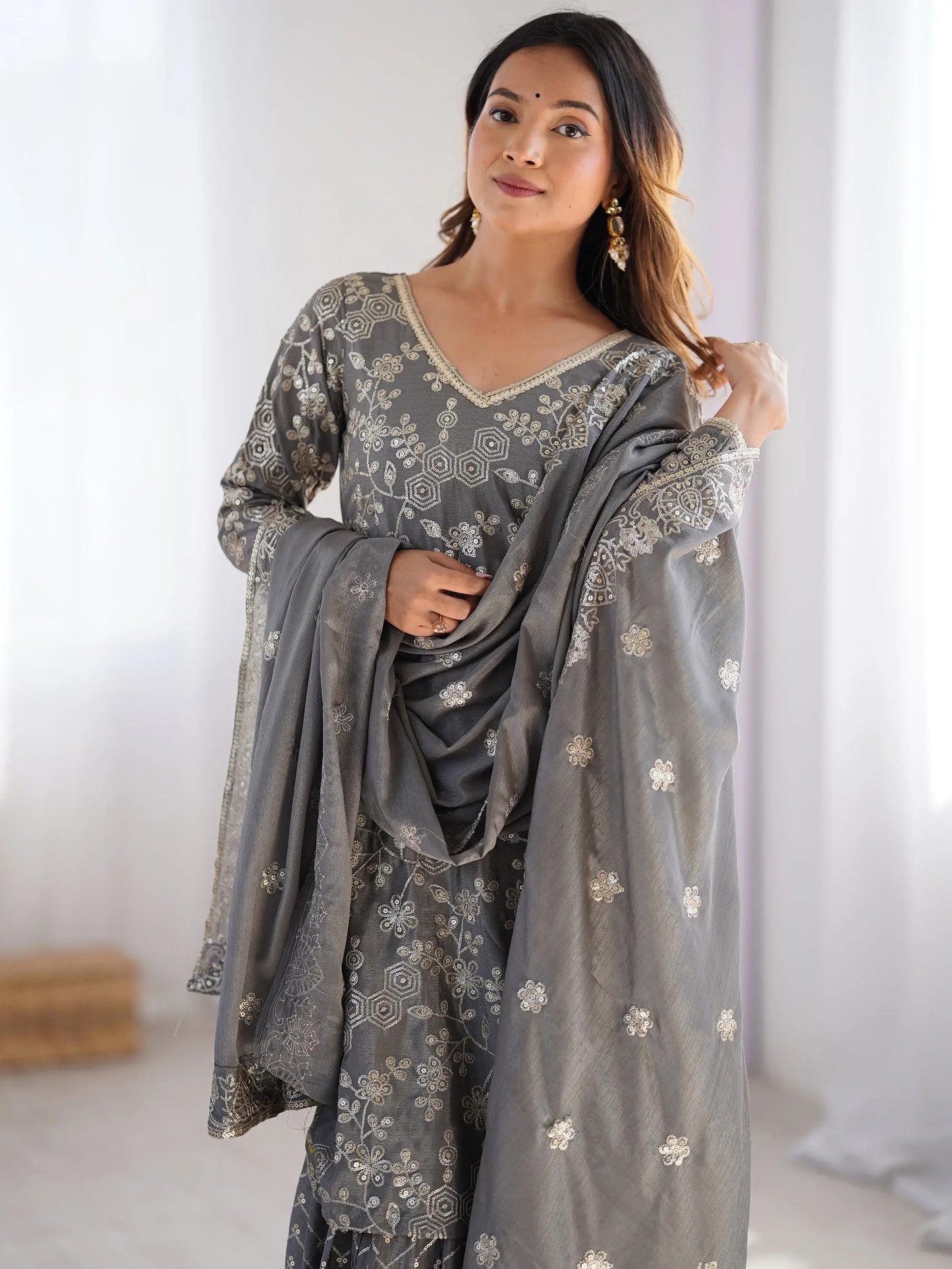 Grey Sequins Chinon Sharara Suit With Dupatta