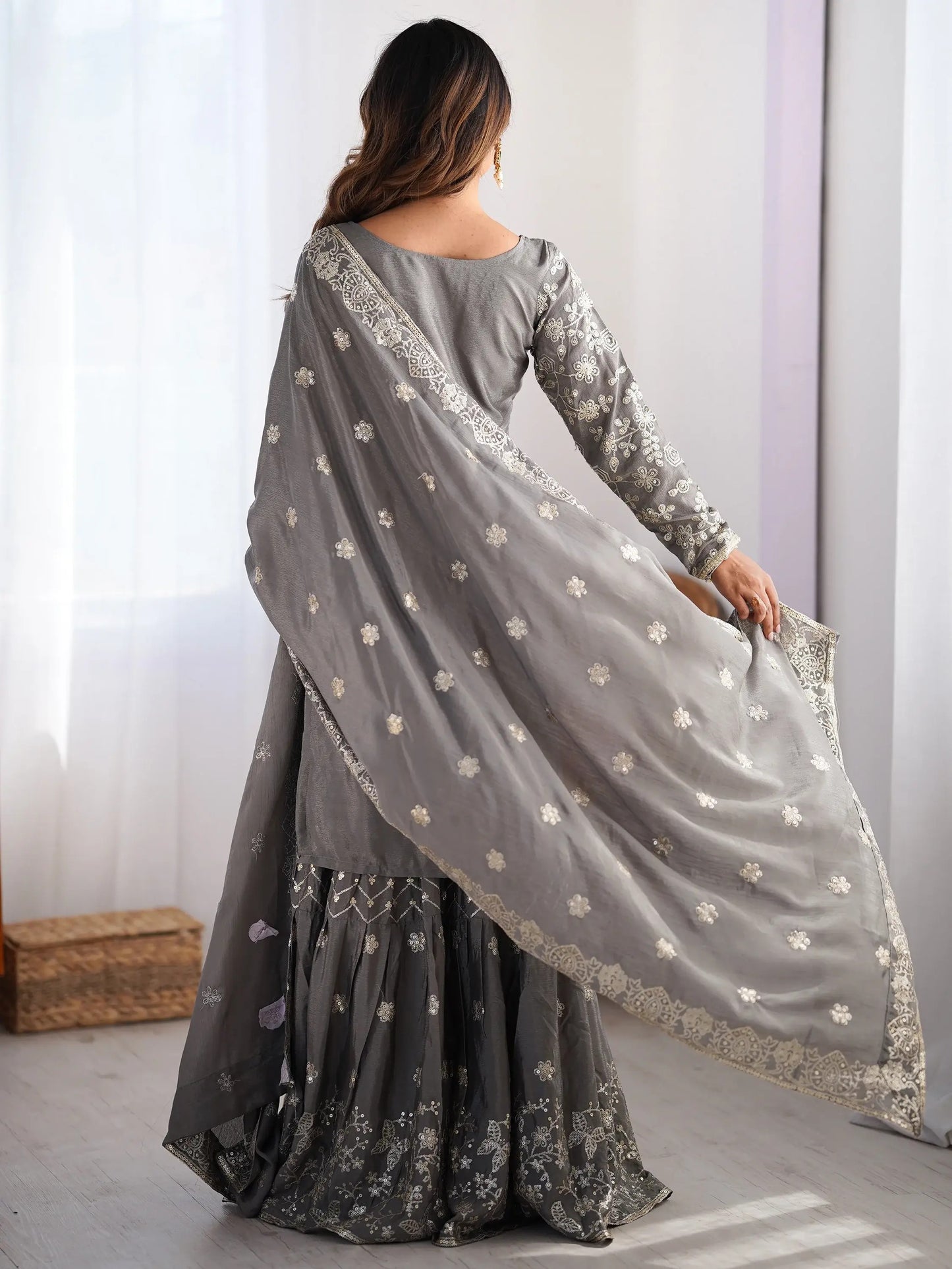 Grey Sequins Chinon Sharara Suit With Dupatta