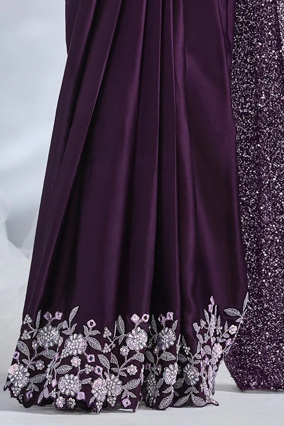 Purple Satin Pre-Stitched Saree with Belt – Elegant & Easy to Wear
