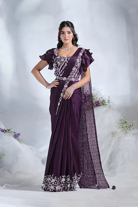 Purple Satin Pre-Stitched Saree with Belt – Elegant & Easy to Wear