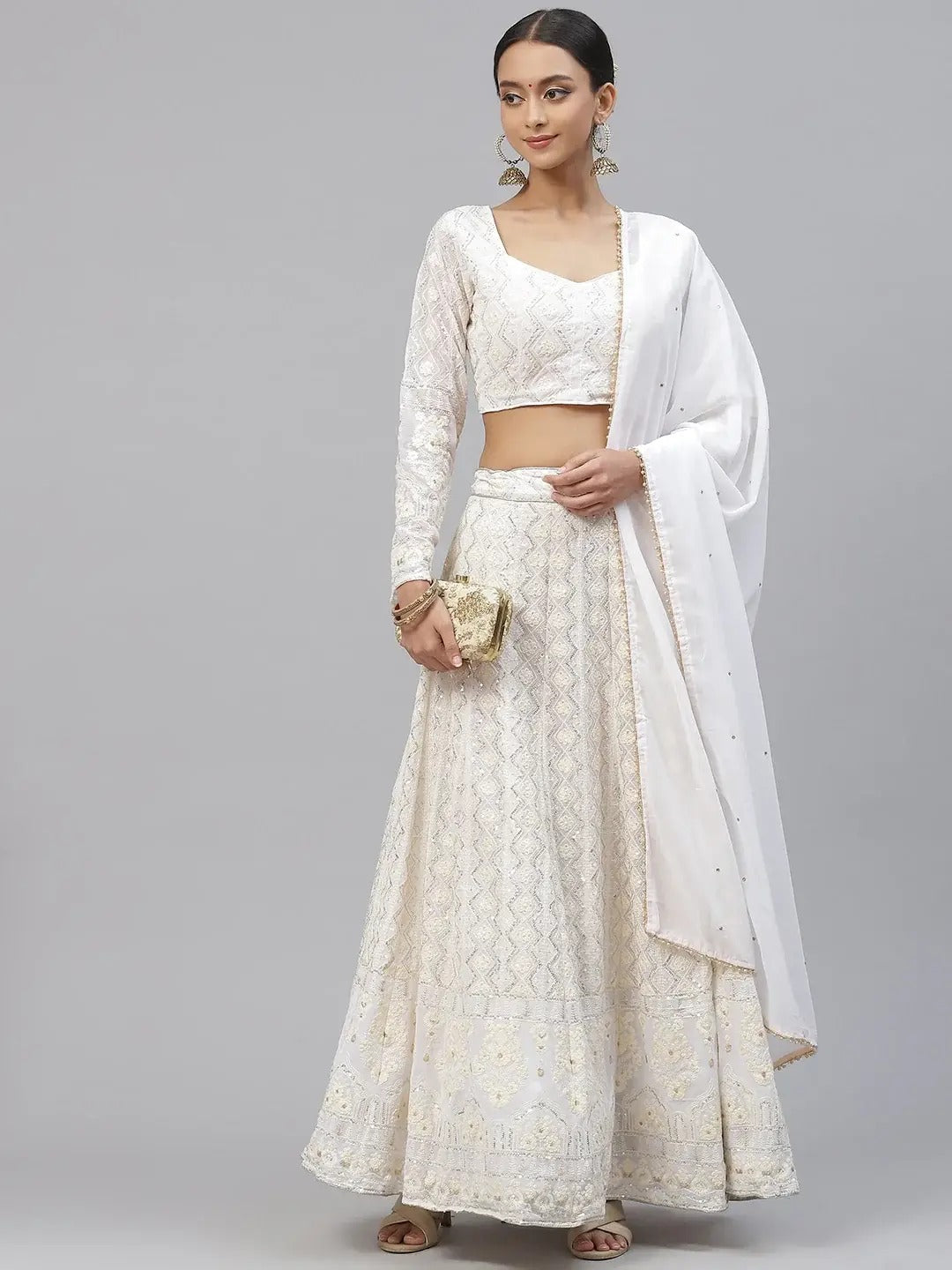 White Embroidered Georgette Lehenga Set