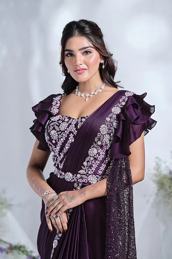 Purple Satin Pre-Stitched Saree with Belt – Elegant & Easy to Wear