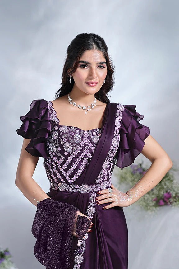 Purple Satin Pre-Stitched Saree with Belt – Elegant & Easy to Wear