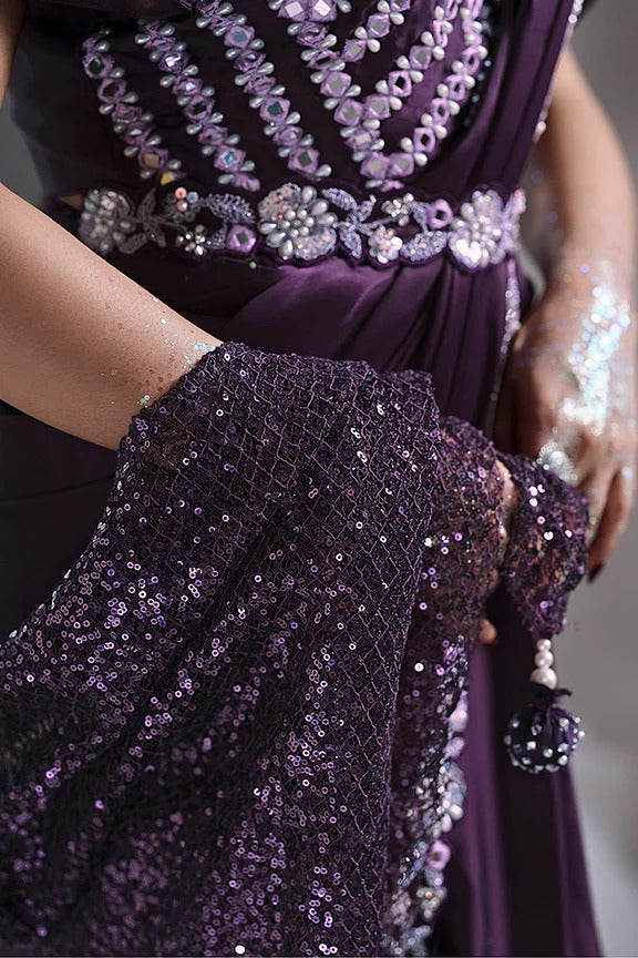 Purple Satin Pre-Stitched Saree with Belt – Elegant & Easy to Wear