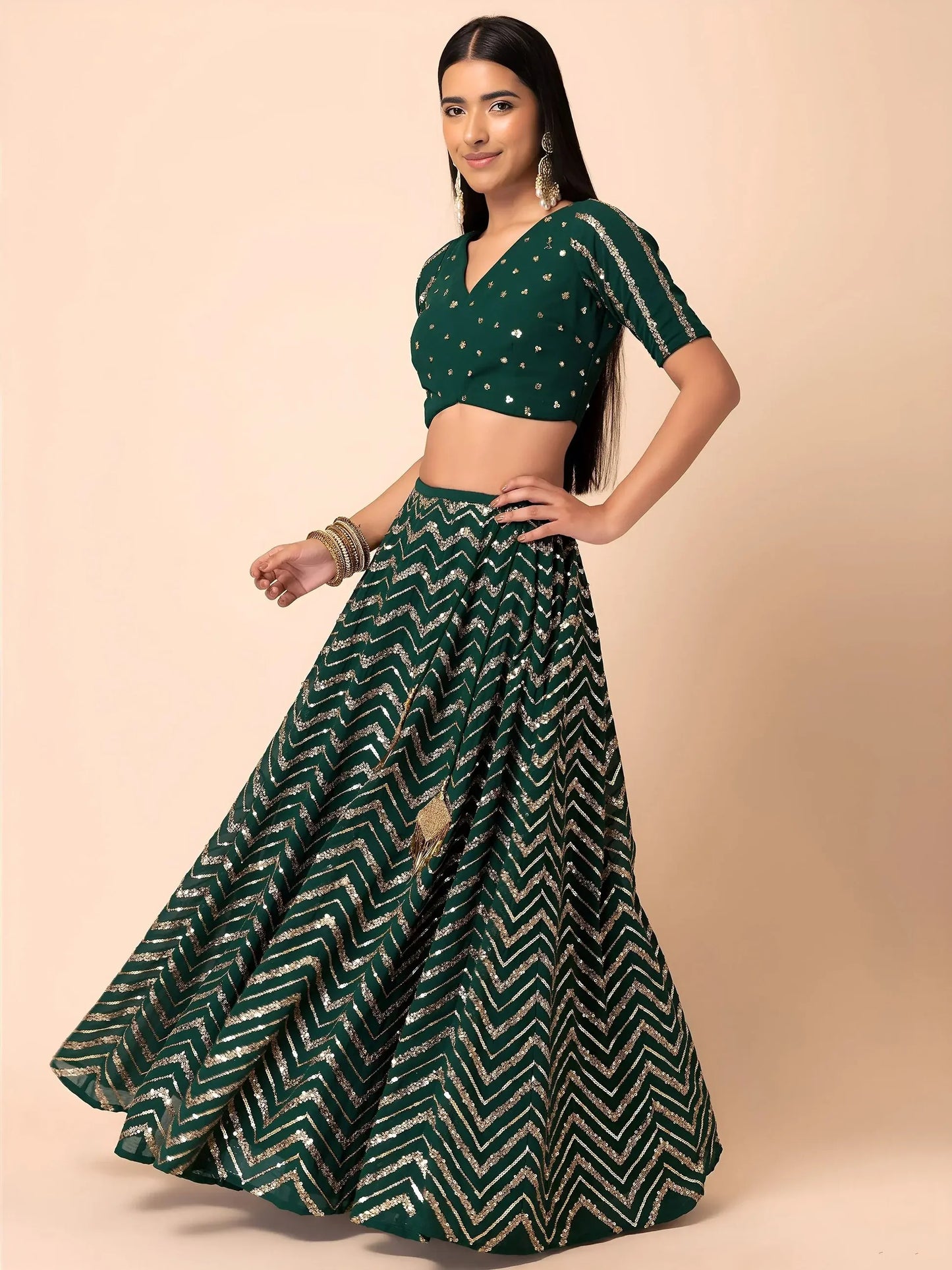 Green Embroidered Georgette Lehenga Set