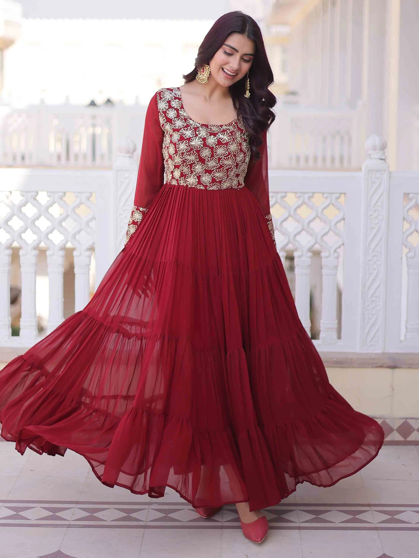 Maroon Zari Georgette Festival Wear Gown With Dupatta