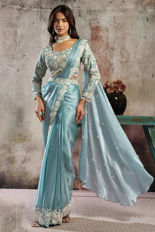 Mint Blue Satin Pre-Stitched Saree with Belt – Elegant & Easy to Wear