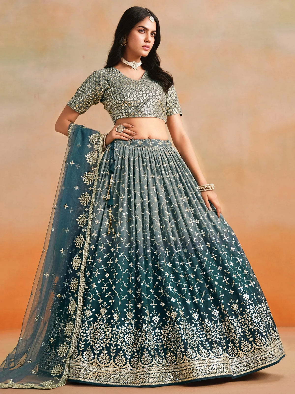 Teal blue Georgette Sequins Work Lehenga Choli