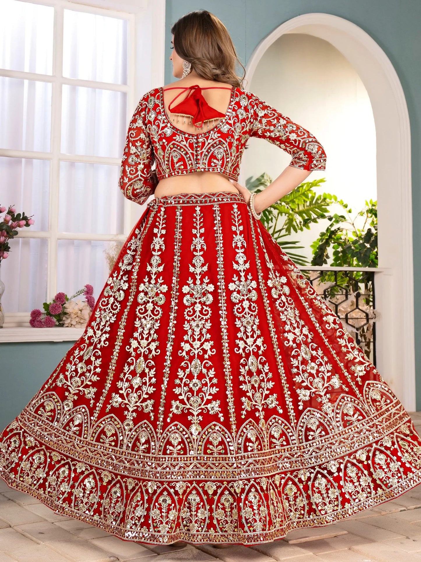 Rotes Net Sequins Work Lehenga Choli