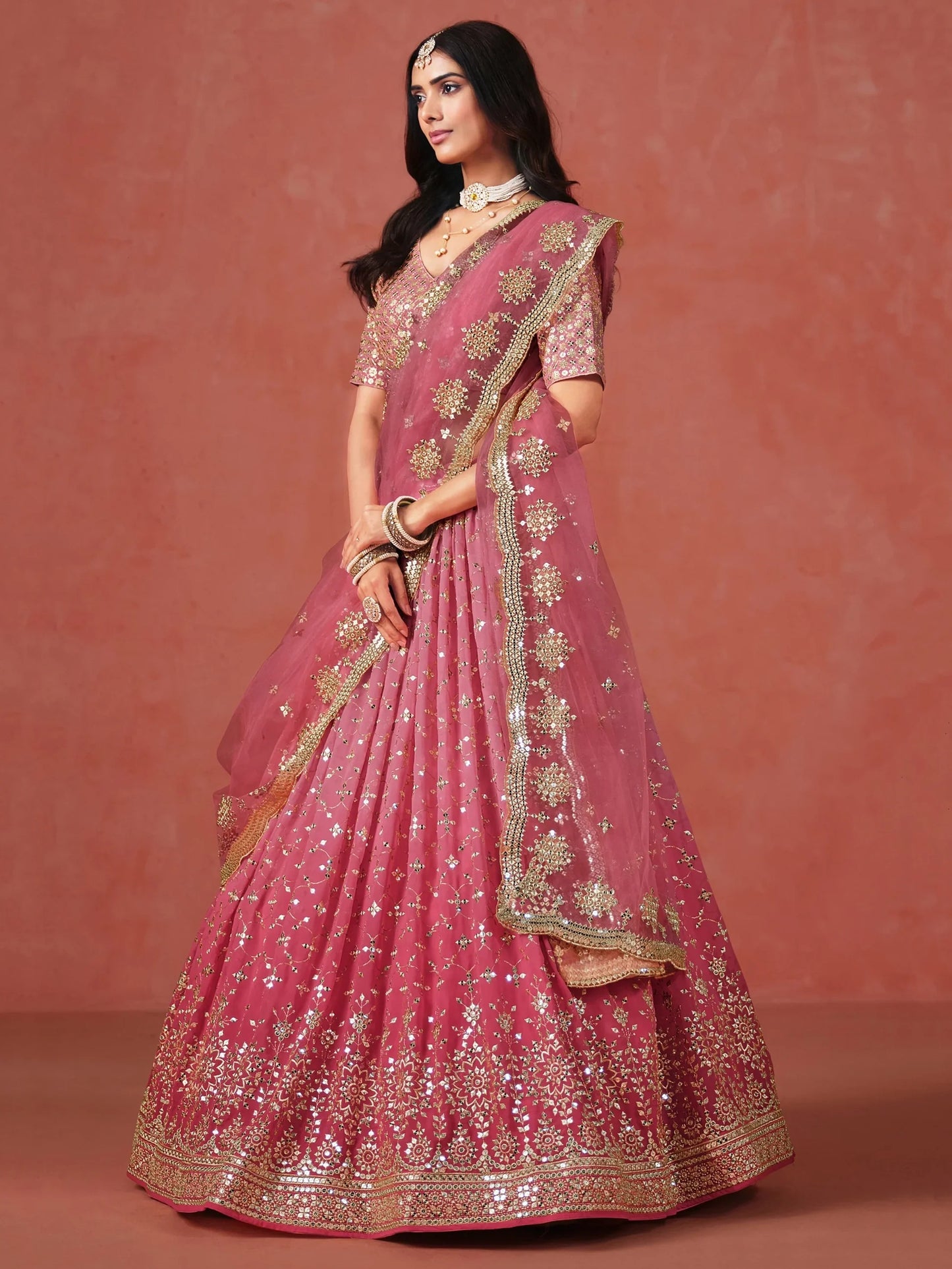 Peach Pink Georgette Sequins Work Lehenga Choli