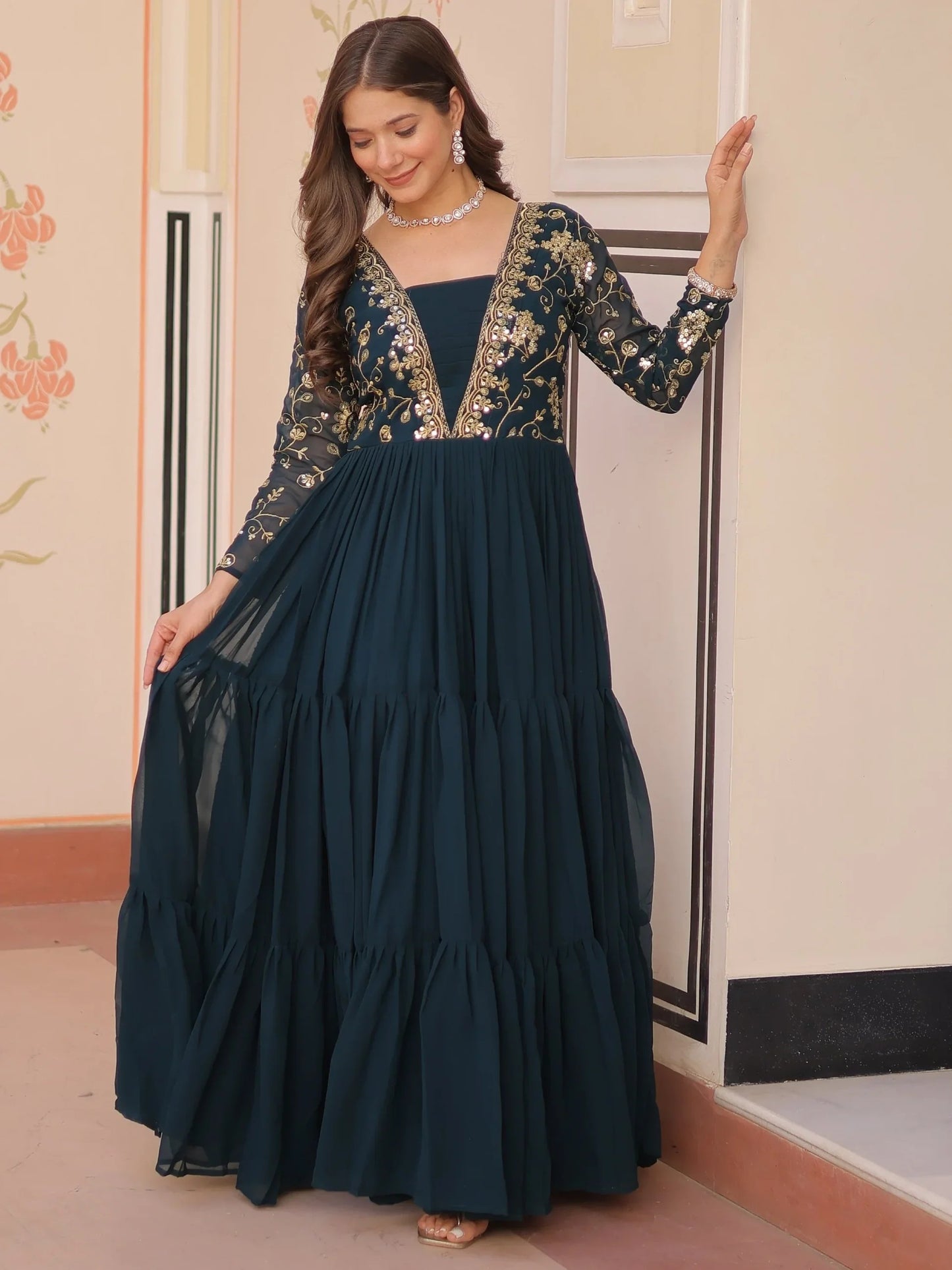 Teal blue Georgette Festival Wear Gown With Dupatta
