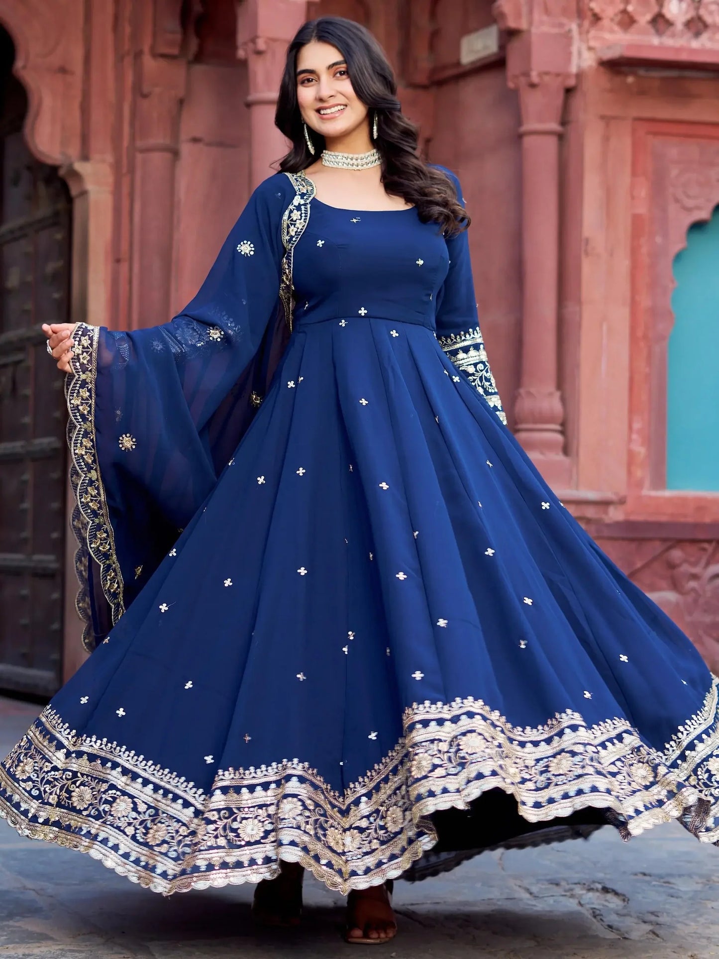 Navy Georgette Anarkali mit Dupatta