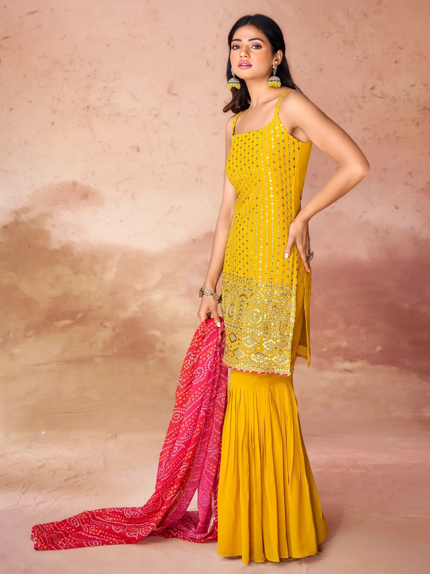 Yellow Georgette Sharara Suit With Dupatta