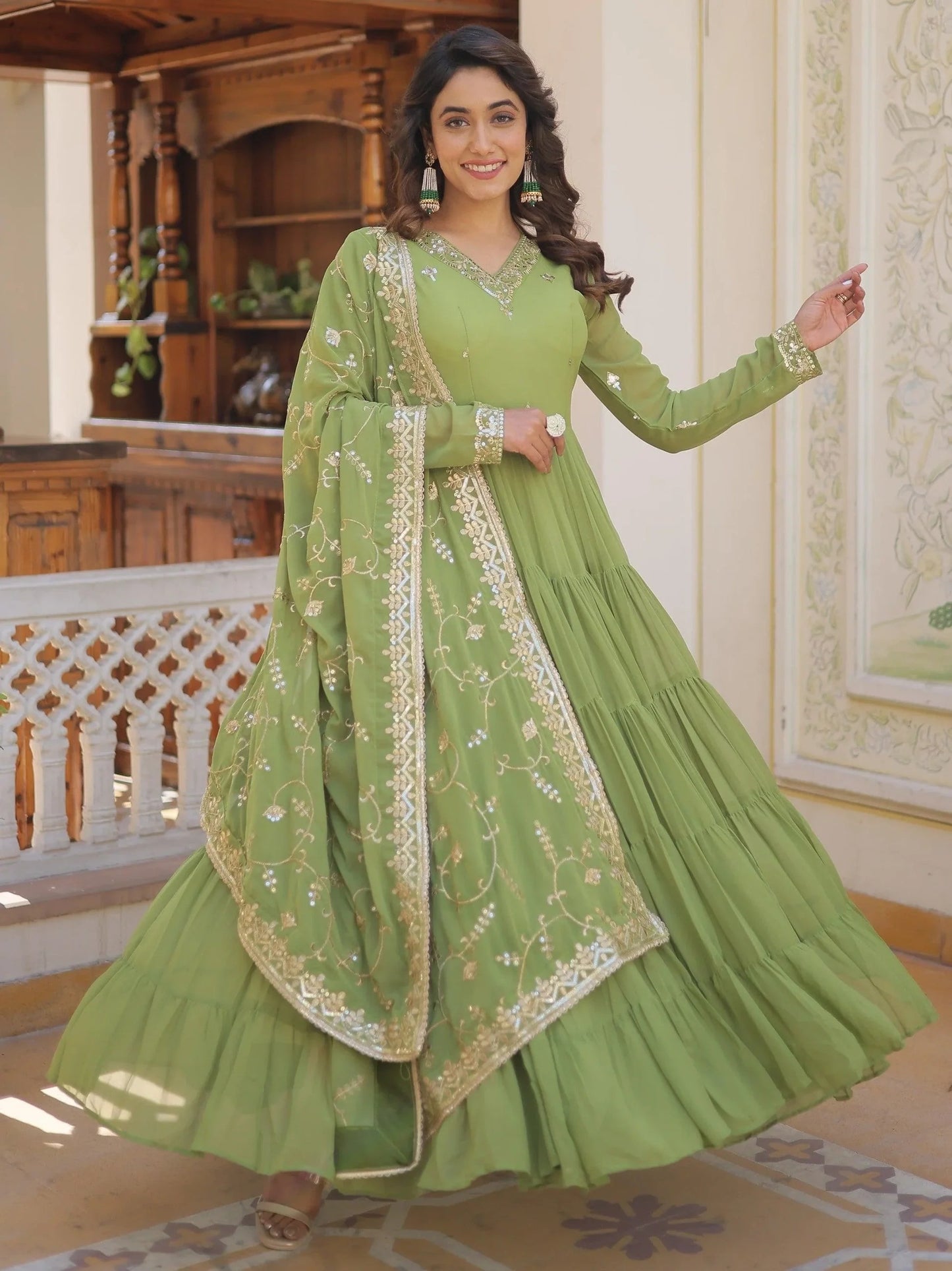 Green Georgette Festival Wear Gown With Dupatta