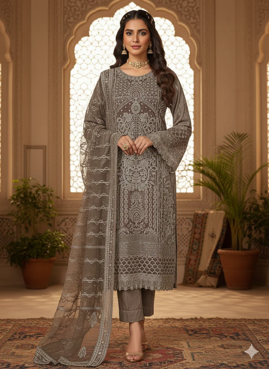 Premium Organza 3-Piece Set – 357- Brown