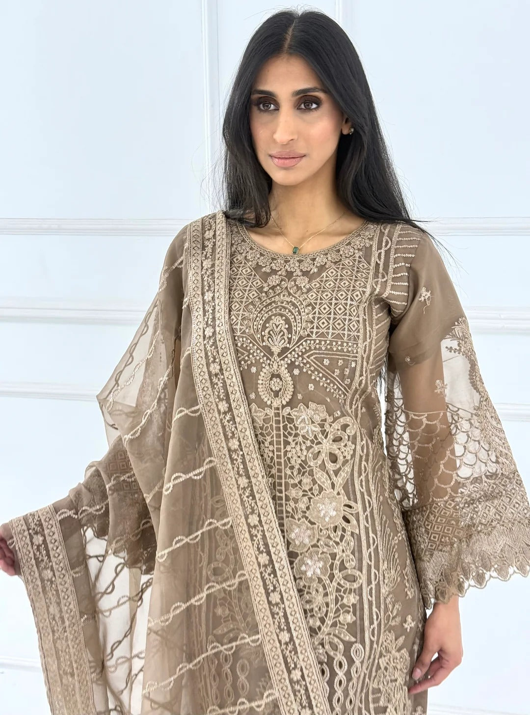 Premium Organza 3-Piece Set – 357- Brown