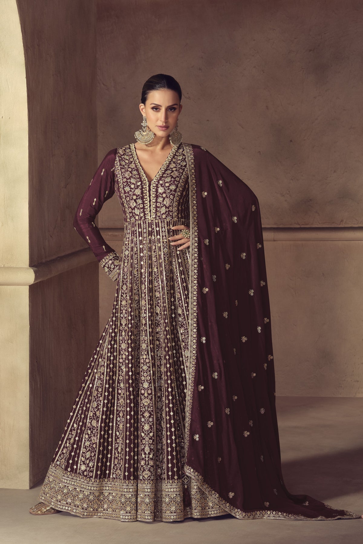 Maroon gold Embroidered Anarkali Suit Set