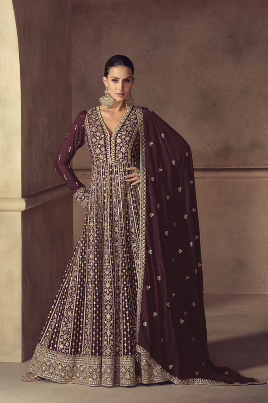 Maroon gold Embroidered Anarkali Suit Set
