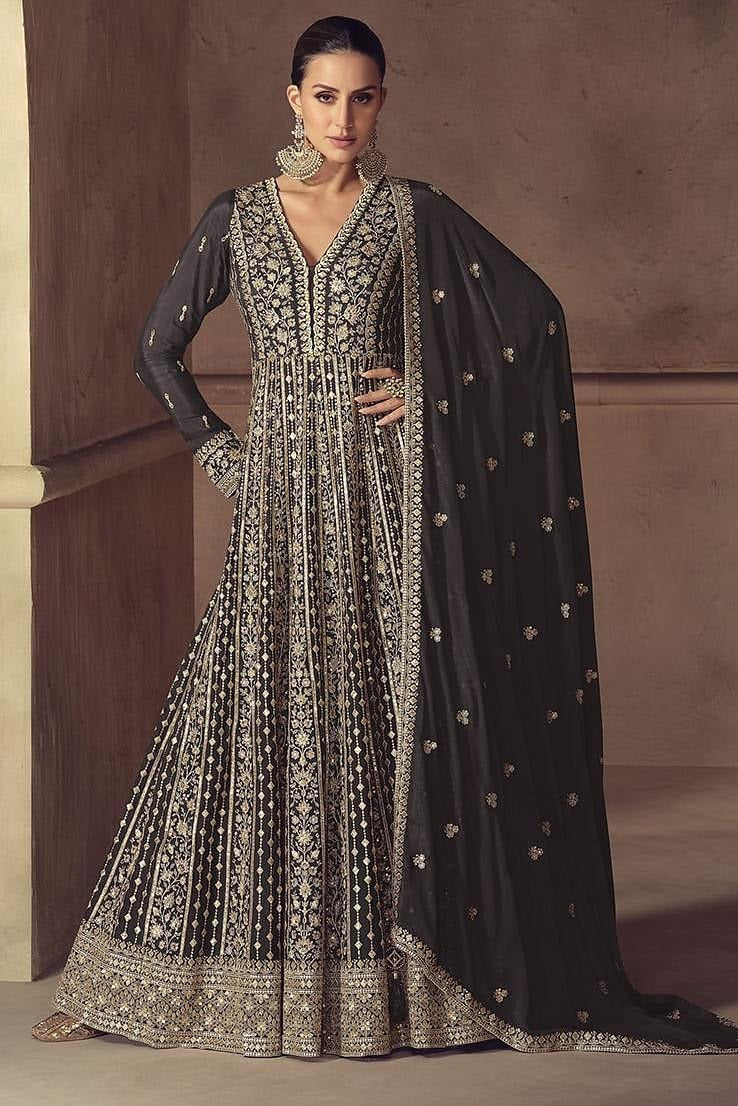Black gold Embroidered Anarkali Suit Set