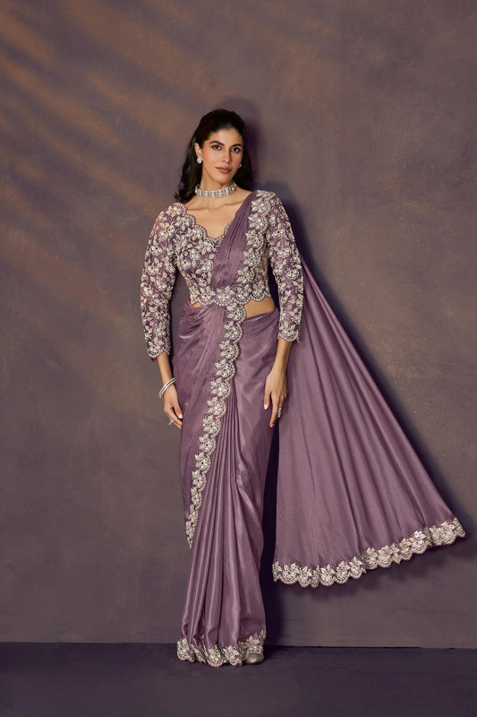 Mauve Satin Pre-Stitched Saree with Belt – Elegant & Easy to Wear