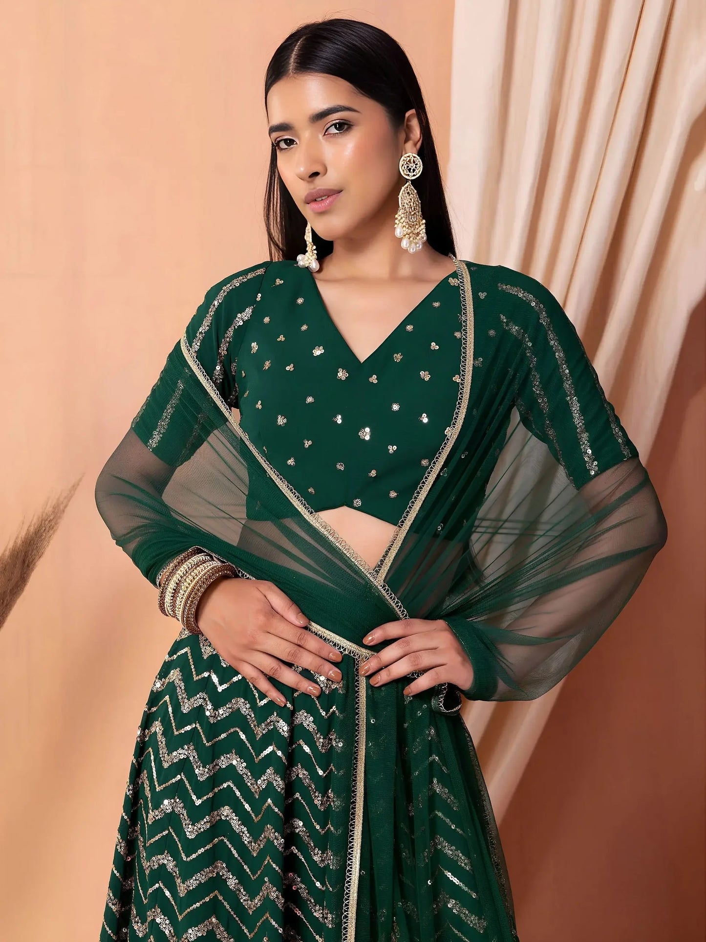 Green Embroidered Georgette Lehenga Set