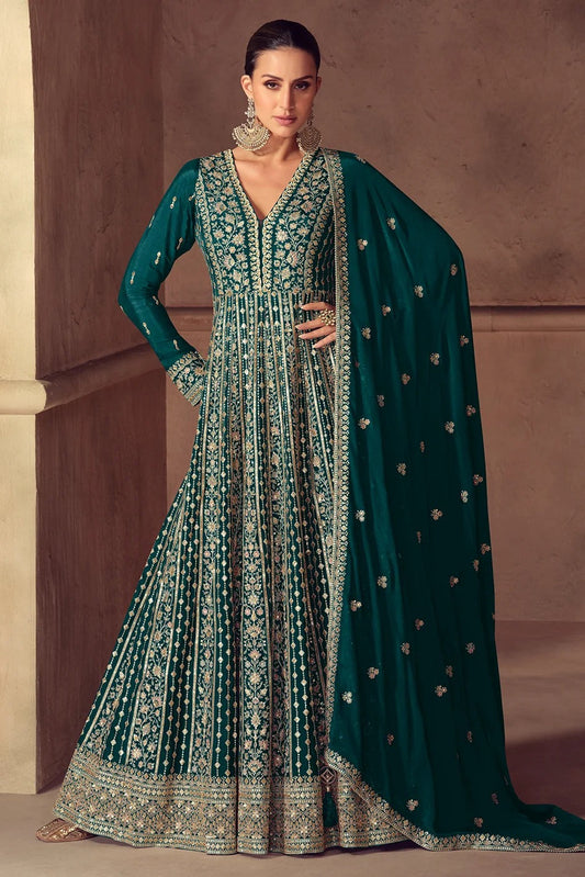 Green gold Embroidered Anarkali Suit Set