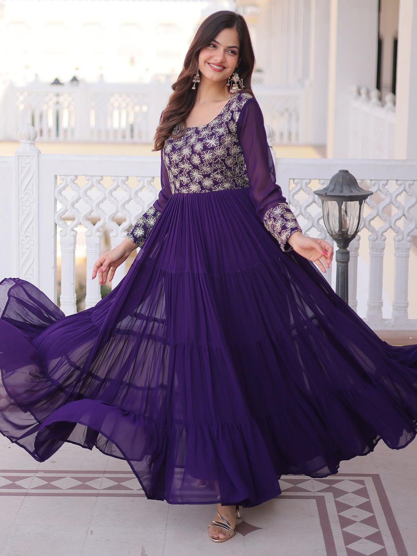 purple Zari Georgette Festival Wear Gown With Dupatta