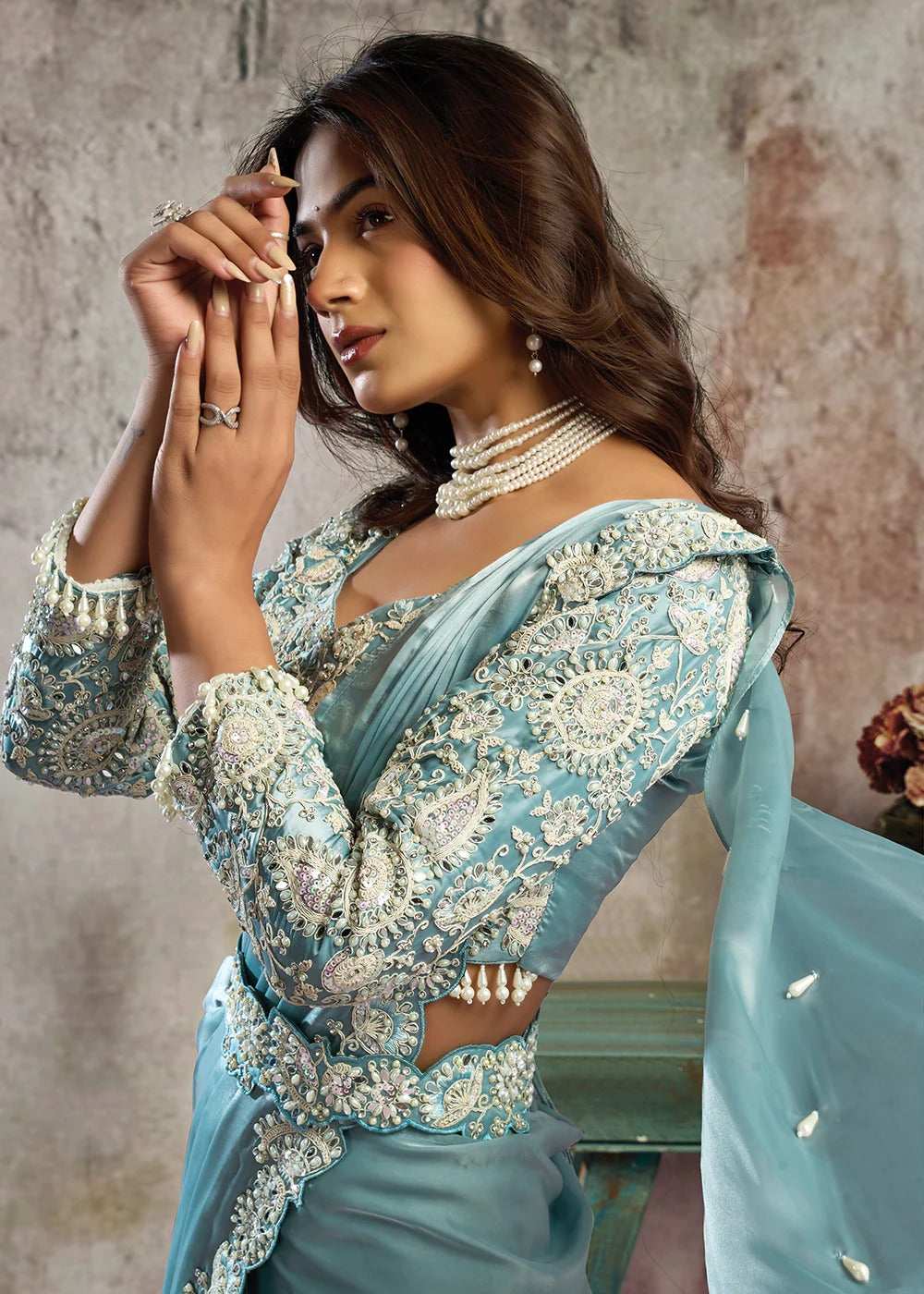 Mint Blue Satin Pre-Stitched Saree with Belt – Elegant & Easy to Wear