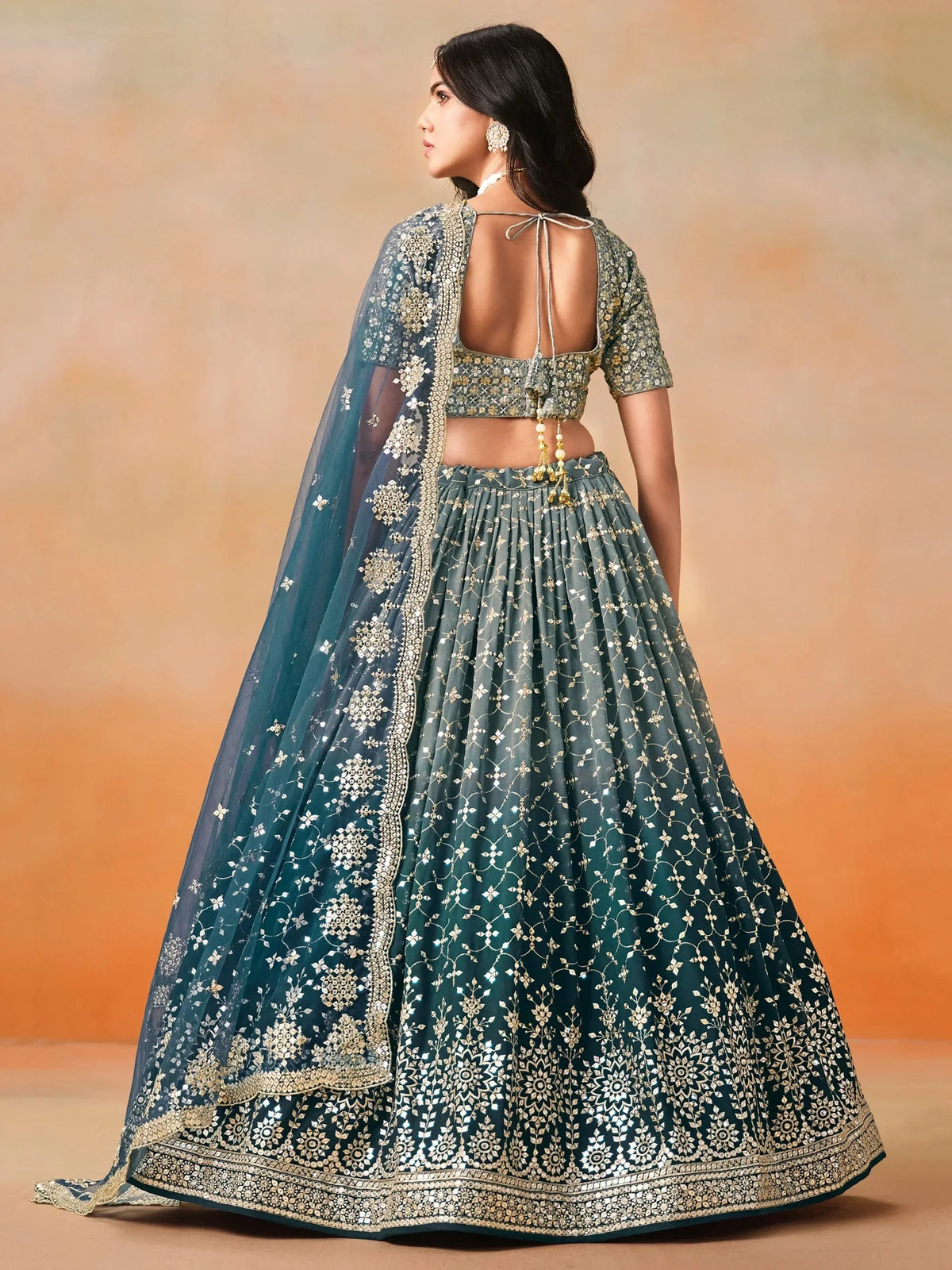 Teal blue Georgette Sequins Work Lehenga Choli