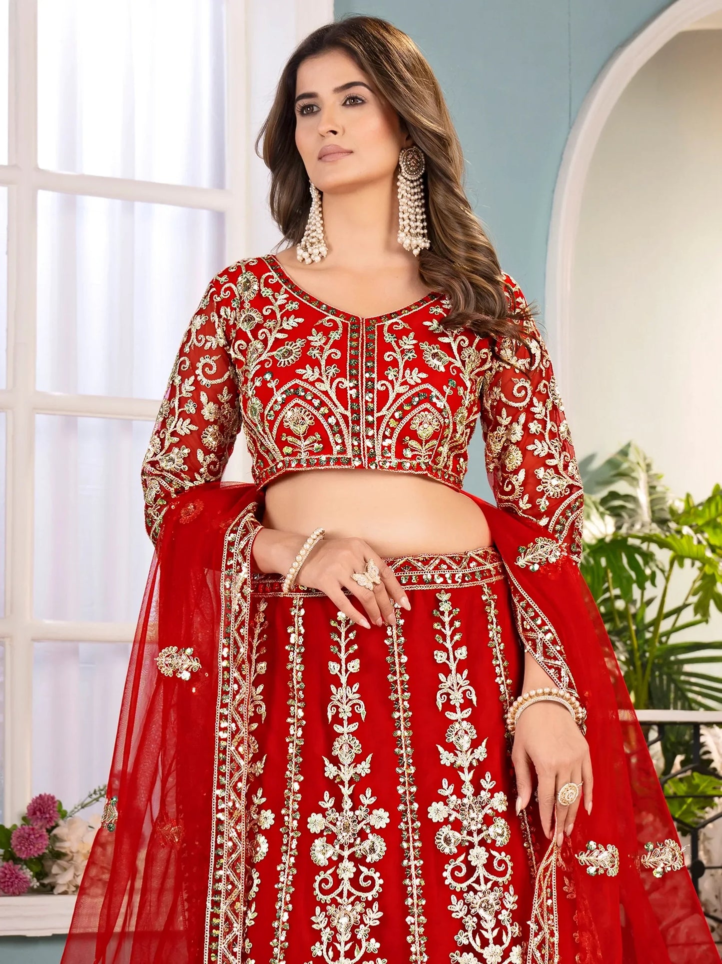 Rotes Net Sequins Work Lehenga Choli