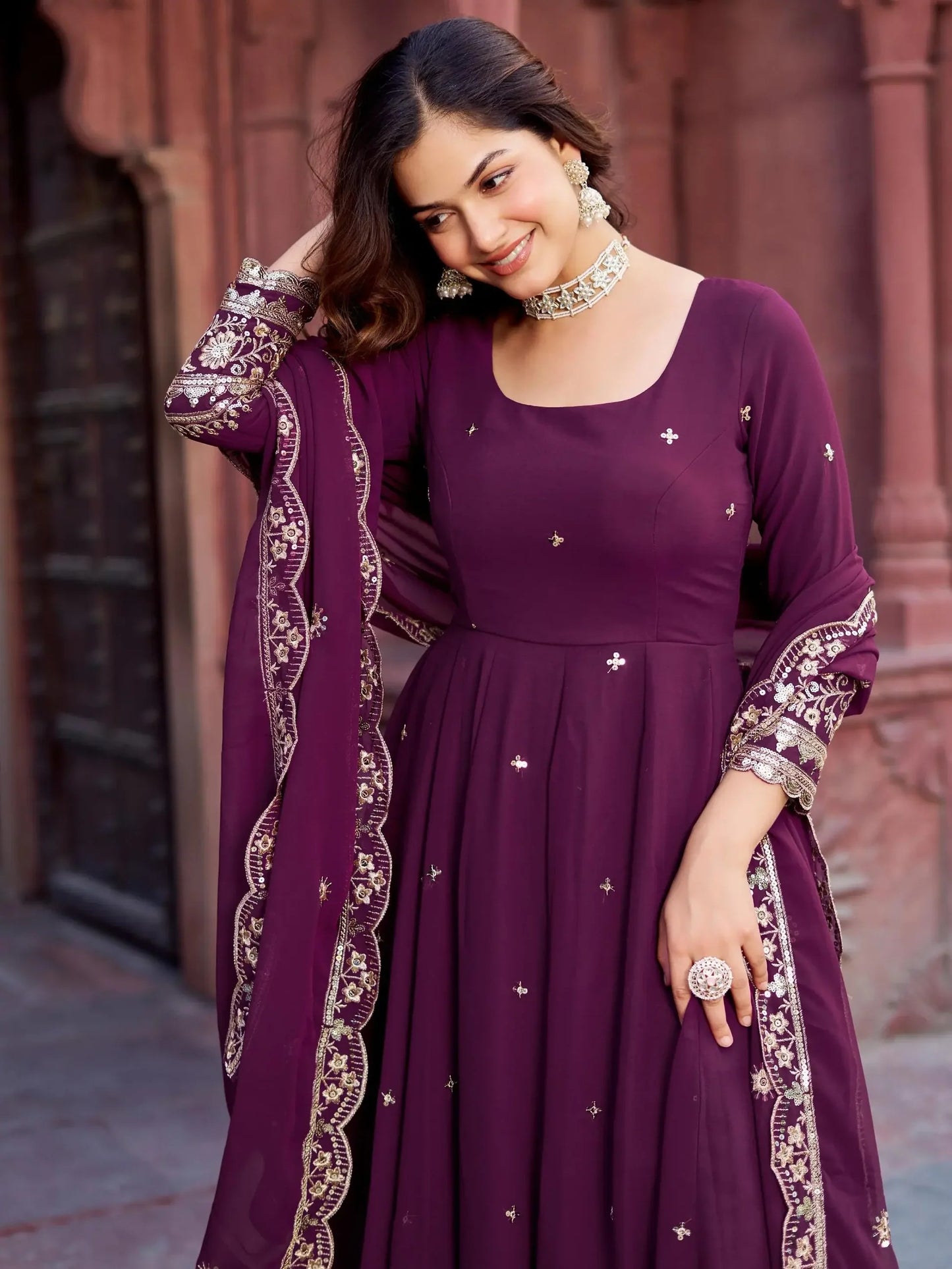 Wine Sequins Georgette Wedding Gown With Dupatta