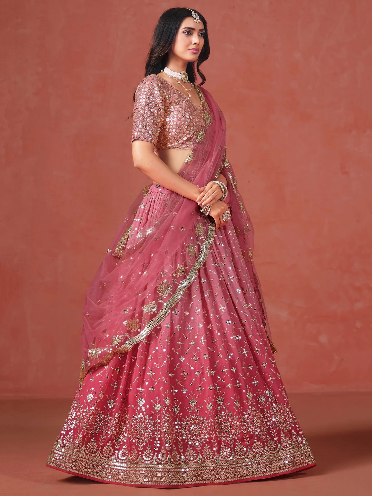 Peach Pink Georgette Sequins Work Lehenga Choli