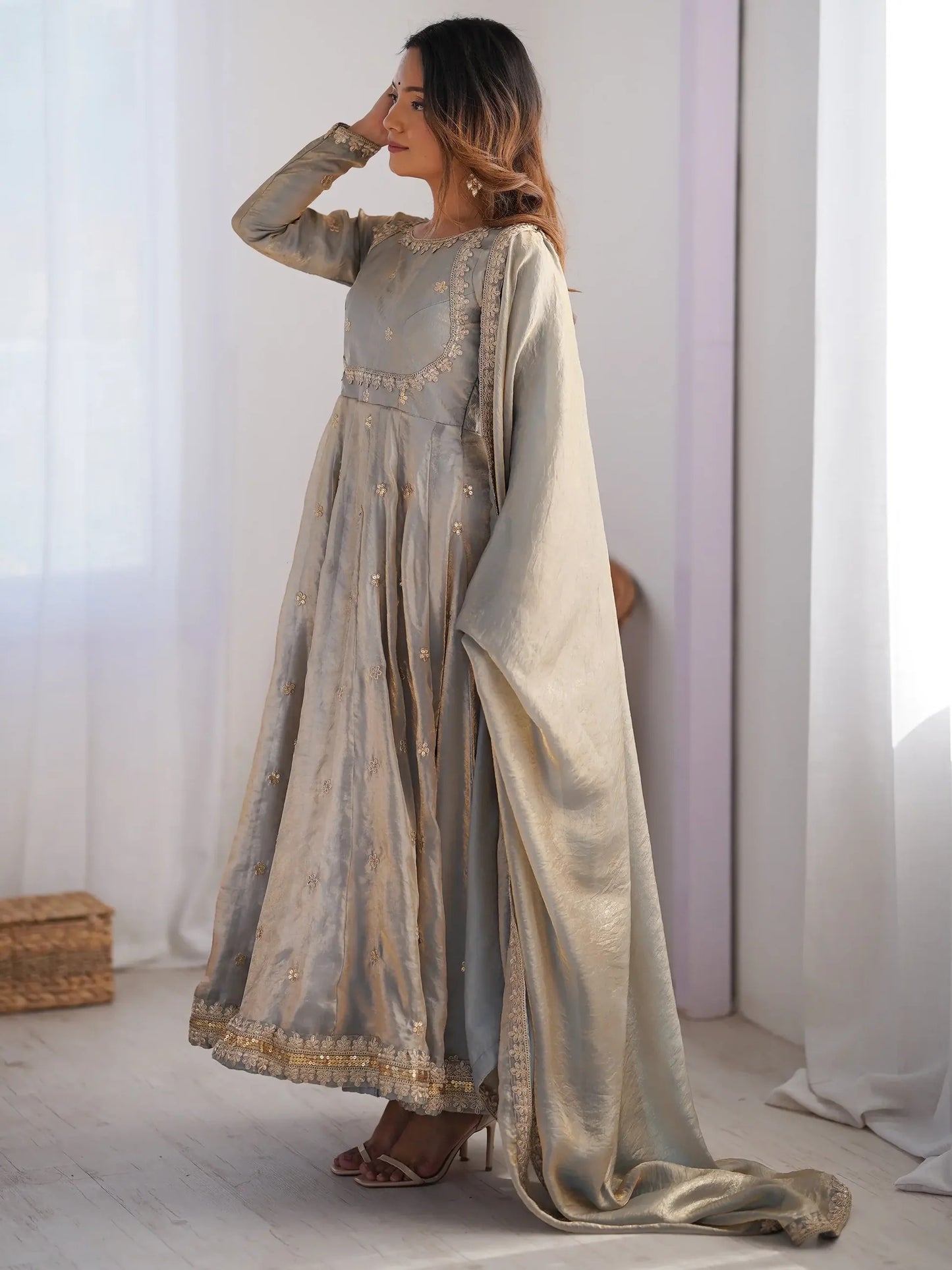 Grey Sequins Silk Traditional Gown With Dupatta