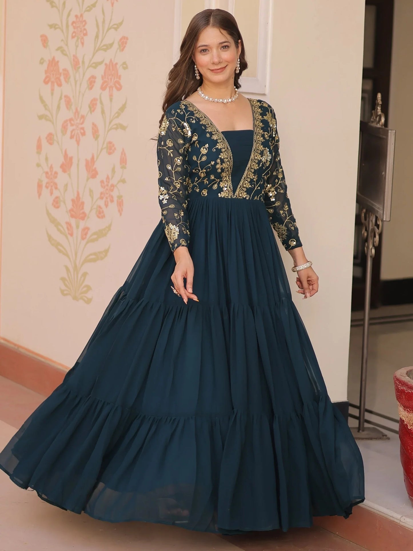 Teal blue Georgette Festival Wear Gown With Dupatta