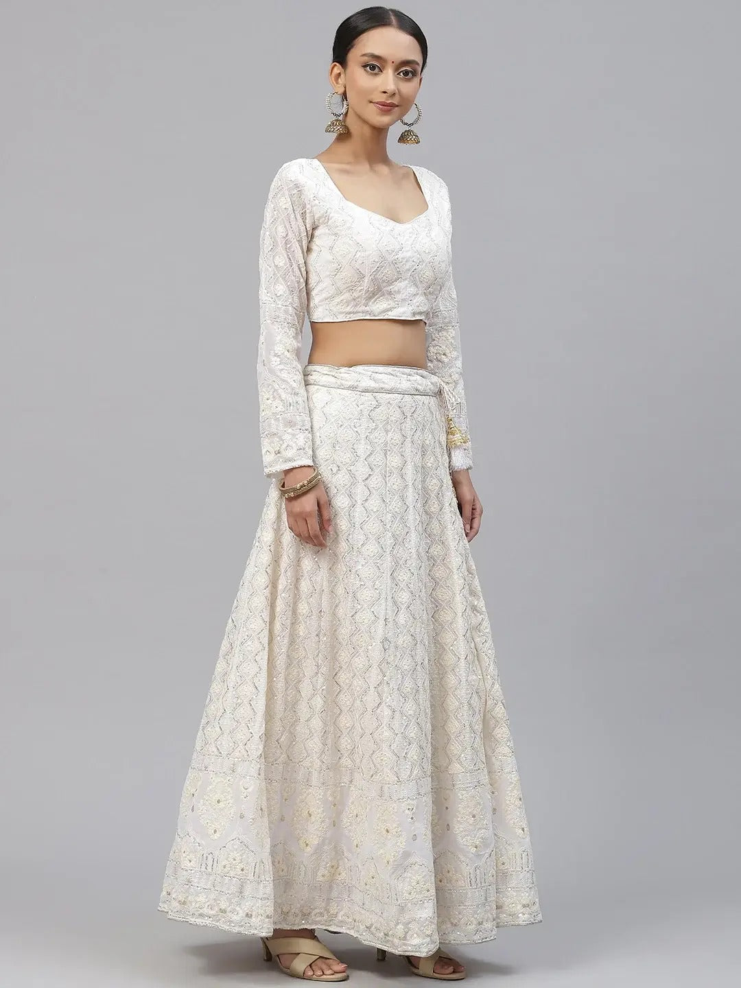 White Embroidered Georgette Lehenga Set