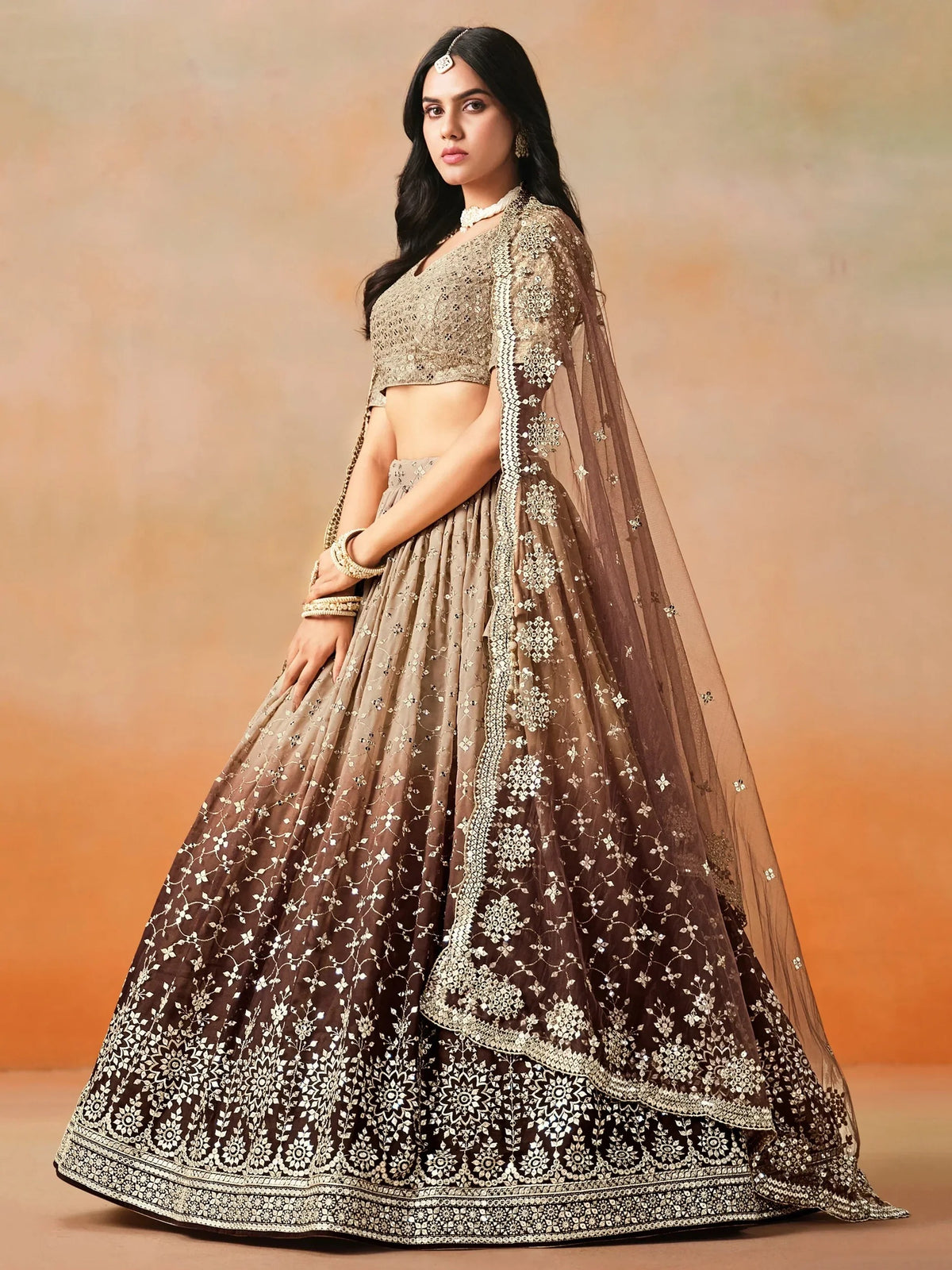 Brown Georgette Sequins Work Lehenga Choli