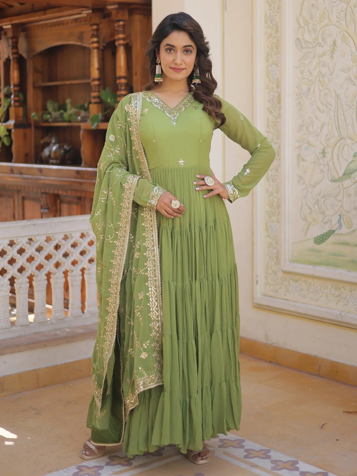 Green Georgette Festival Wear Gown With Dupatta