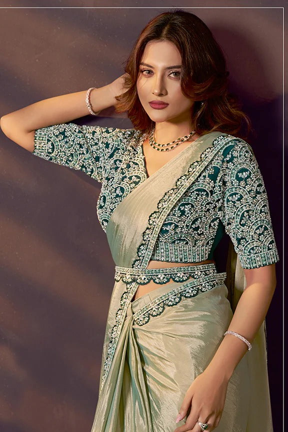 Green Satin Pre-Stitched Saree with Belt – Elegant & Easy to Wear