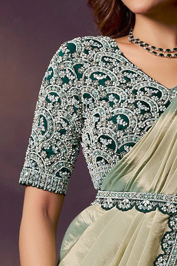 Green Satin Pre-Stitched Saree with Belt – Elegant & Easy to Wear
