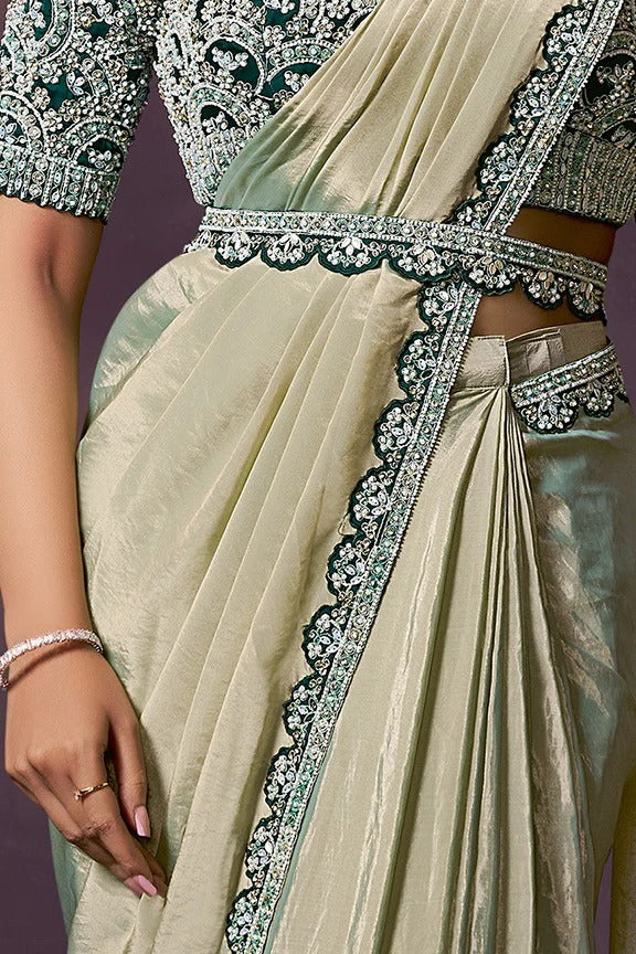 Green Satin Pre-Stitched Saree with Belt – Elegant & Easy to Wear