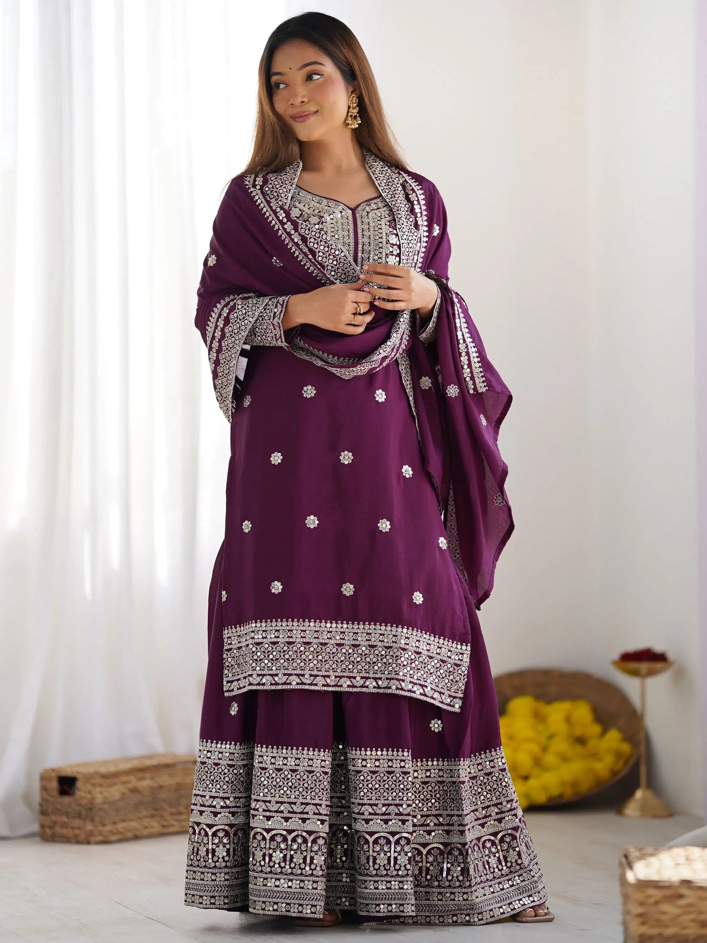 Sequins Chinon Sharara Suit With Dupatta