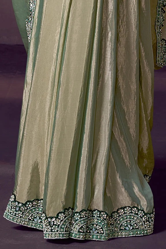 Green Satin Pre-Stitched Saree with Belt – Elegant & Easy to Wear