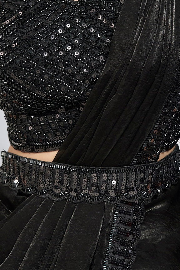 Black Satin Pre-Stitched Saree with Belt – Elegant & Easy to Wear