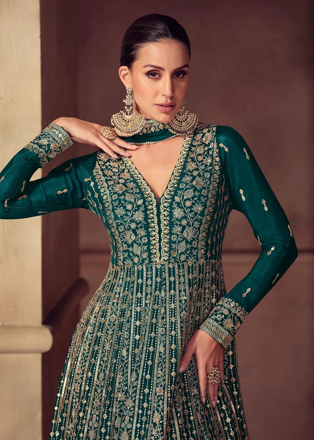 Green gold Embroidered Anarkali Suit Set