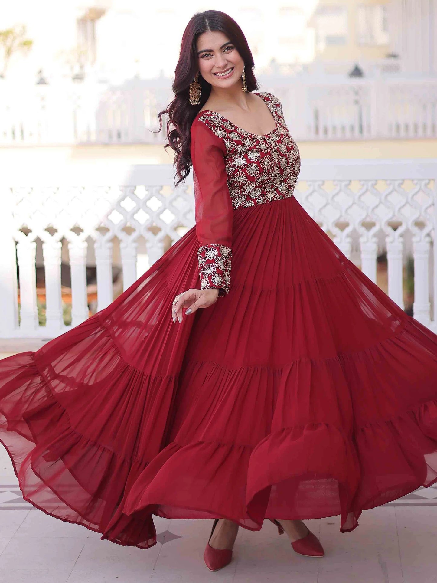 Maroon Zari Georgette Festival Wear Gown With Dupatta