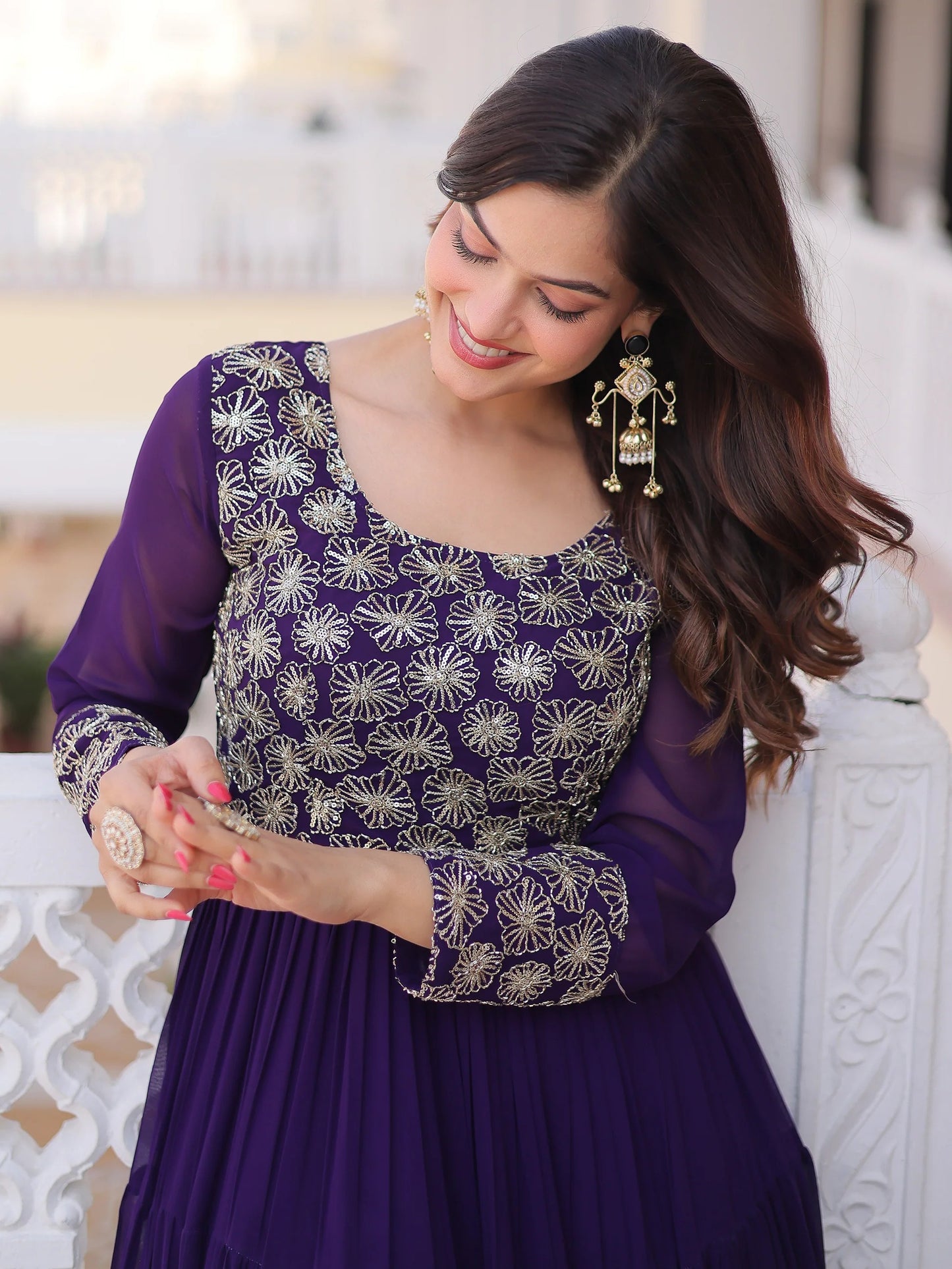 purple Zari Georgette Festival Wear Gown With Dupatta